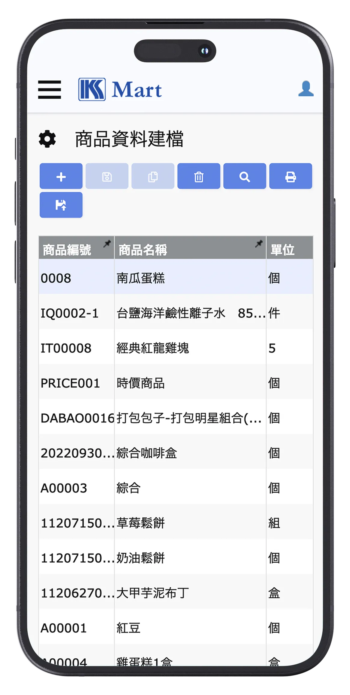 團購系統的後台商品資料建檔介面,顯示產品名稱、商品編號和單位