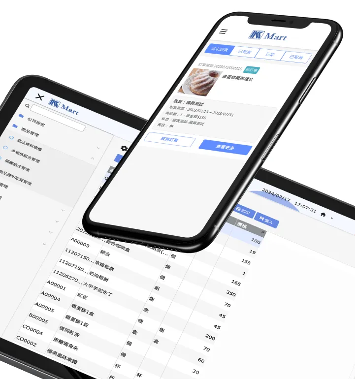 團購系統主頁和後台訂單管理顯示在iPhone模型和平板上。